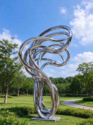 Escultura Abstrata Moderna Superfície Polida Espelhada de Aço Inoxidável Decoração de Jardim ao Ar Livre Curvas Fluidas Artísticas